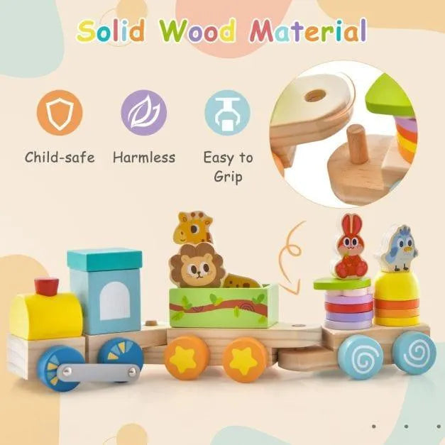 Wooden stackable train set with animal and block shapes, child-safe educational toy