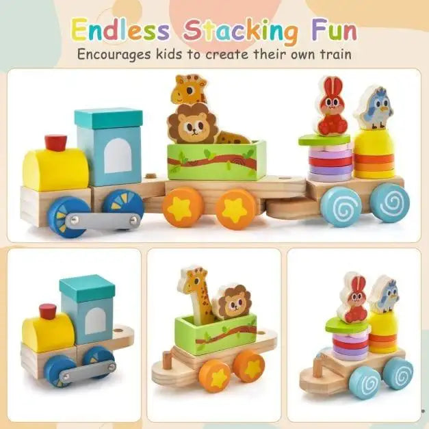 Wooden stackable train set with animal blocks and colorful shapes for kids
