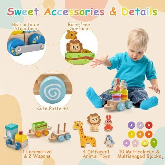 Toddler playing with wooden stackable train set, animal figures and colorful blocks.