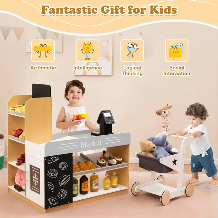 Wooden Supermarket Playset with Shopping Cart | Cash Register and Blackboard COSTWAY - Little and Giant Explorers Costway