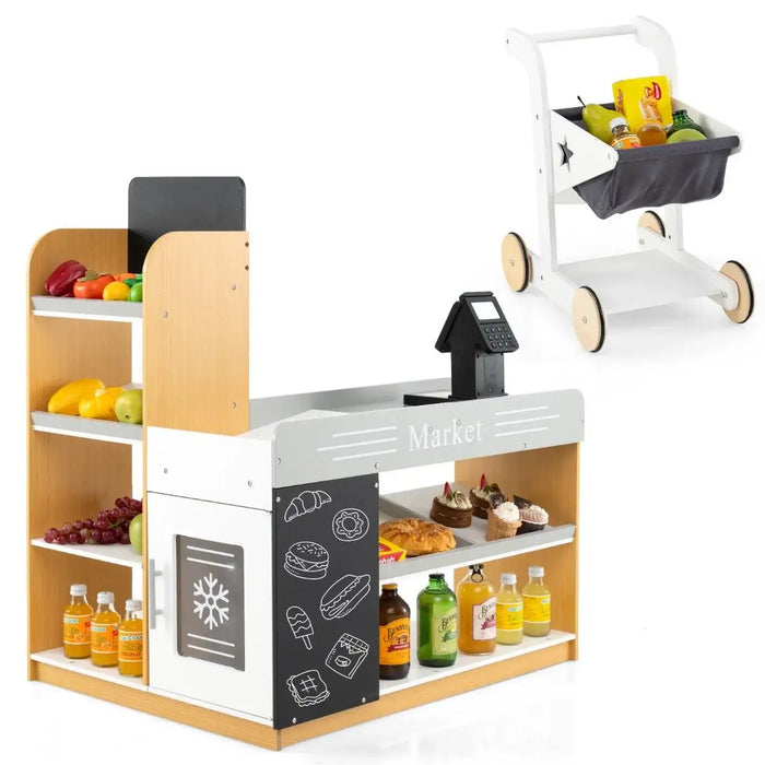 Wooden Supermarket Playset with Shopping Cart | Cash Register and Blackboard COSTWAY - Little and Giant Explorers Costway