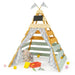Wooden Montessori teepee tent with floral curtains, toys, and interactive play features