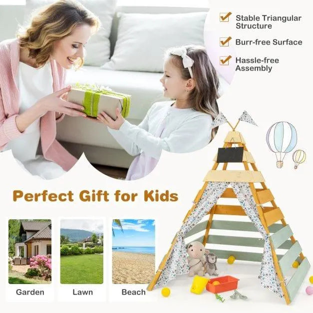 Wooden Montessori-inspired teepee tent for kids, with interactive features and play toys.