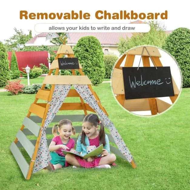 Wooden Montessori-inspired teepee tent with removable chalkboard and two girls reading outside