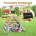 Wooden Montessori-inspired teepee tent with removable chalkboard and two girls reading outside