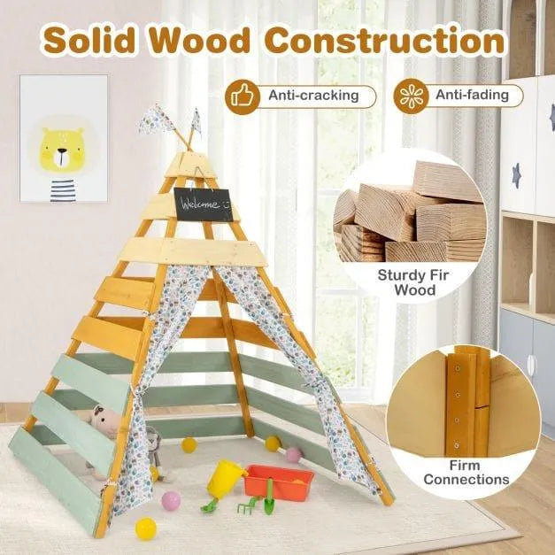 Montessori wooden teepee tent for kids with sturdy fir wood, anti-cracking, and toys inside.
