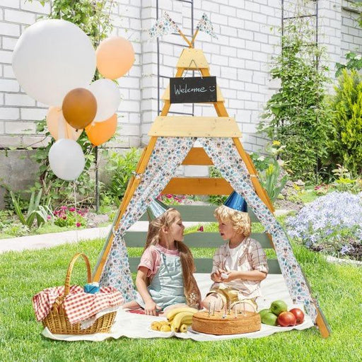 Wooden Teepee Tent with Curtains - Little and Giant Explorers Costway