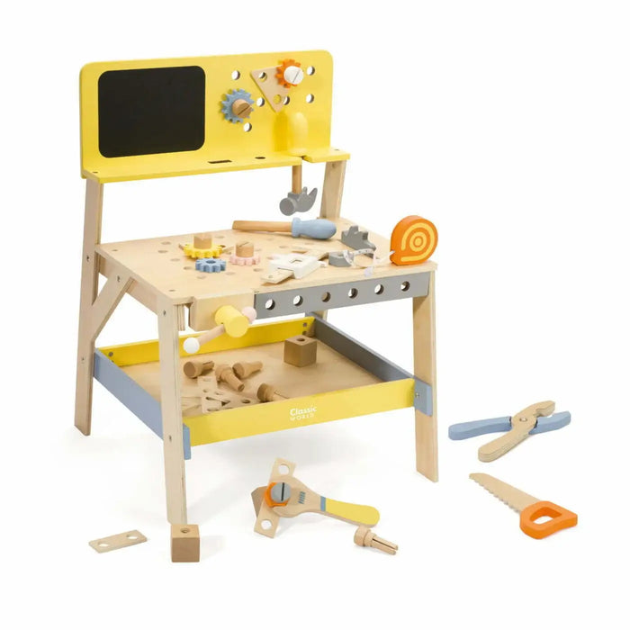 Wooden carpentry playset tool bench with toy tools and yellow accents on white background.