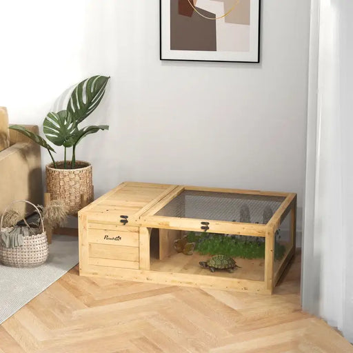 Wooden Tortoise House – Yellow | Two-Room Reptile Habitat with Expandable Side Panels PAWHUT - Little and Giant Explorers PawHut