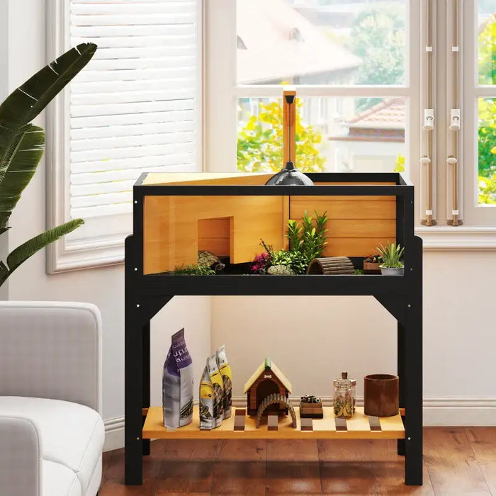 Wooden Tortoise Tank – Yellow | Two-Room Reptile Habitat with Basking Area PAWHUT - Little and Giant Explorers PawHut