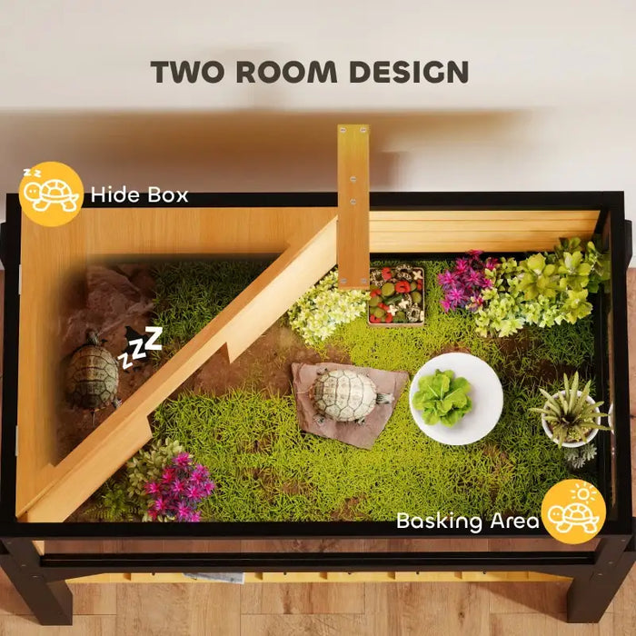 Wooden Tortoise Tank – Yellow | Two-Room Reptile Habitat with Basking Area PAWHUT - Little and Giant Explorers PawHut