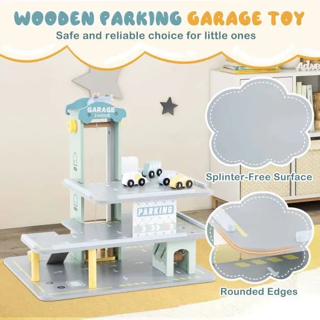 Wooden Toy Garage with 4 Cars and Helicopter - Little and Giant Explorers Costway