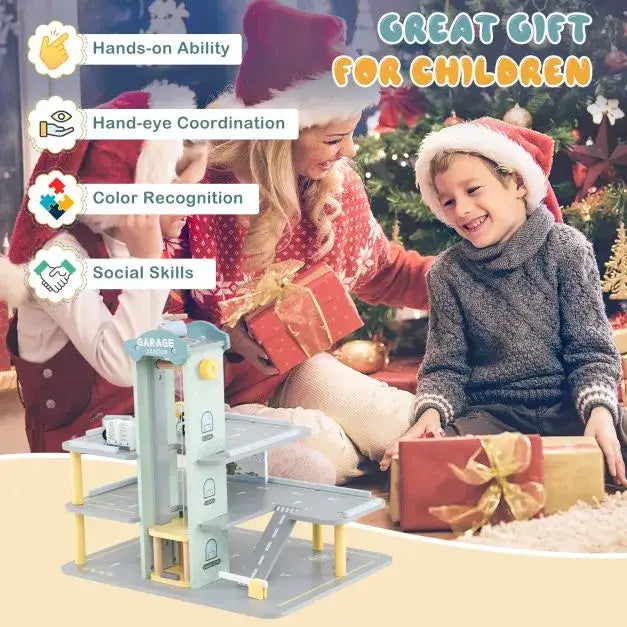 Wooden Toy Garage with 4 Cars and Helicopter - Little and Giant Explorers Costway