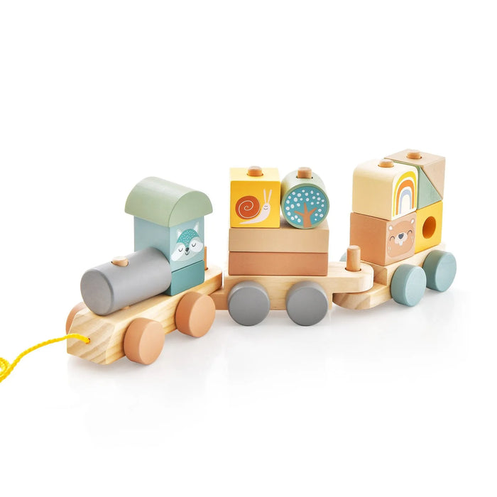 Wooden Toy Train Set with Stacking Wooden Blocks - Little and Giant Explorers Costway