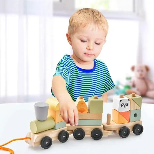 Toddler playing with wooden train set educational pull-along toy on white table