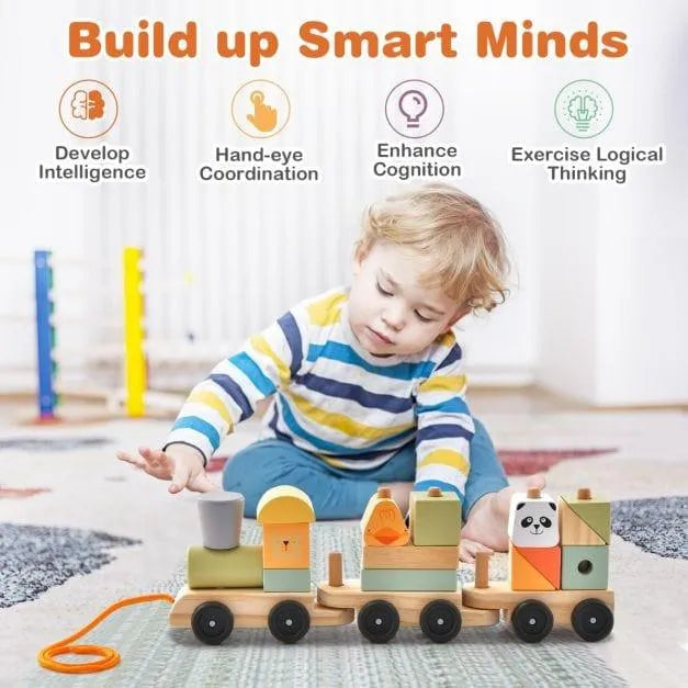 Toddler playing with wooden train set educational pull-along toy on a rug indoors