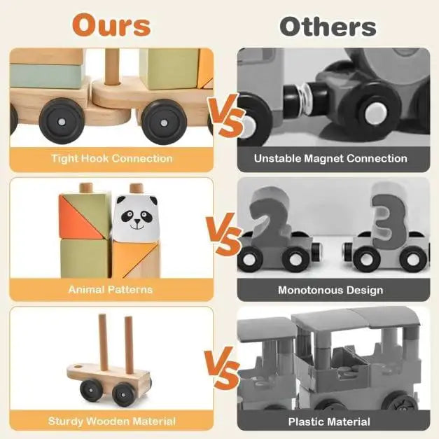 Wooden train set comparison with animal patterns and sturdy hook connection vs plastic toy