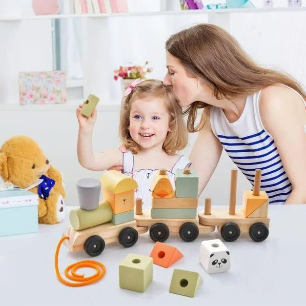 Mother and child playing with wooden train set educational pull along toy for toddlers