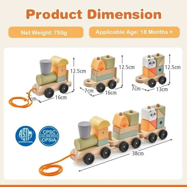 Wooden train set pull-along toy for toddlers with colorful blocks and product dimensions shown.
