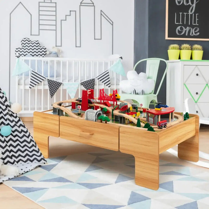 Wooden Train Table with 100-Piece Set | 2-in-1 Activity Table COSTWAY - Little and Giant Explorers Costway
