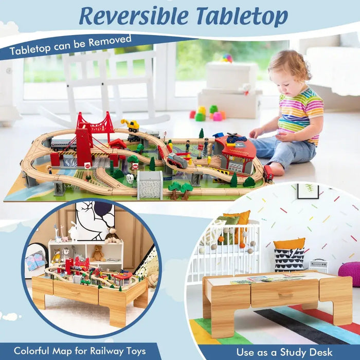 Wooden Train Table with 100-Piece Set | 2-in-1 Activity Table COSTWAY - Little and Giant Explorers Costway