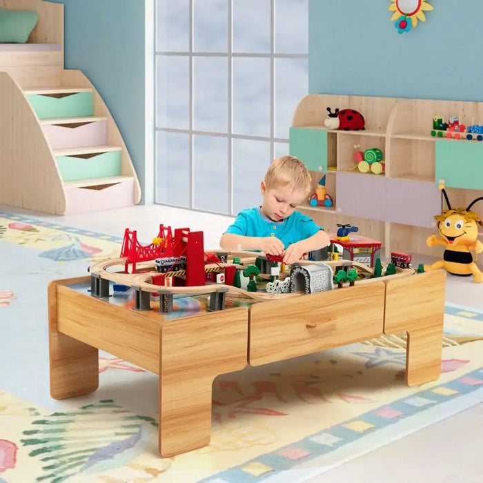 Wooden Train Table with 100-Piece Set | 2-in-1 Activity Table COSTWAY - Little and Giant Explorers Costway