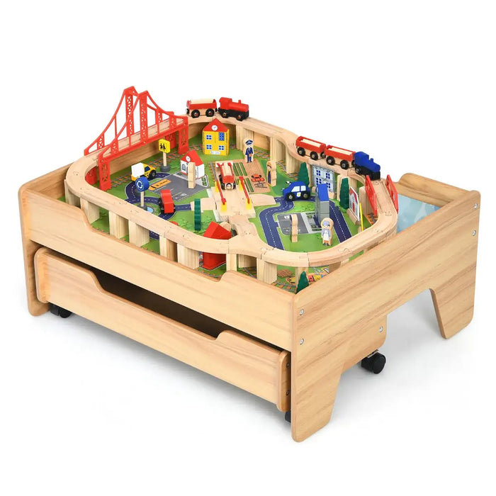 Wooden Train Track Set Table | 100-Piece Adventure Building Experience - Little and Giant Explorers Costway