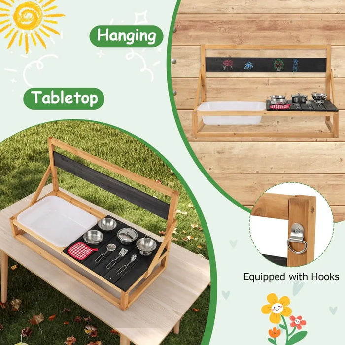 Wooden Wall-Mounted/Tabletop Mud Kitchen | Fir Wood Play Kitchen - Sink and Utensils COSTWAY - Little and Giant Explorers Costway