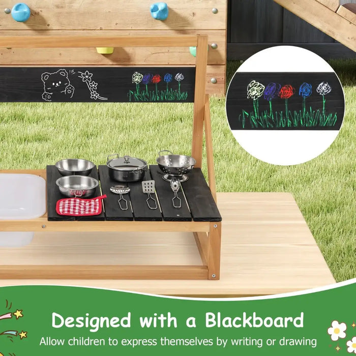 Wooden Wall-Mounted/Tabletop Mud Kitchen | Fir Wood Play Kitchen - Sink and Utensils COSTWAY - Little and Giant Explorers Costway