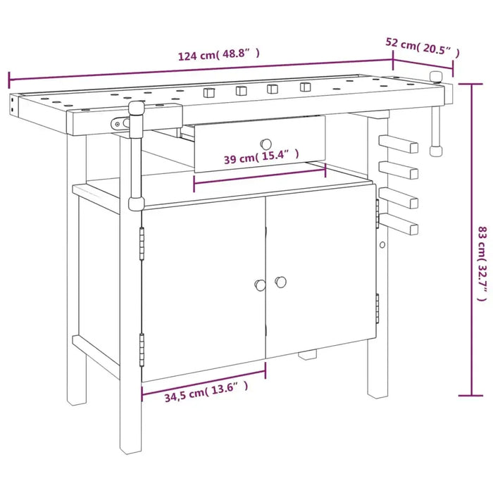 Workbench with Drawer and Vices in Solid Wood Acacia (124 x 52 x 83cm) - Little and Giant Explorers vidaXL
