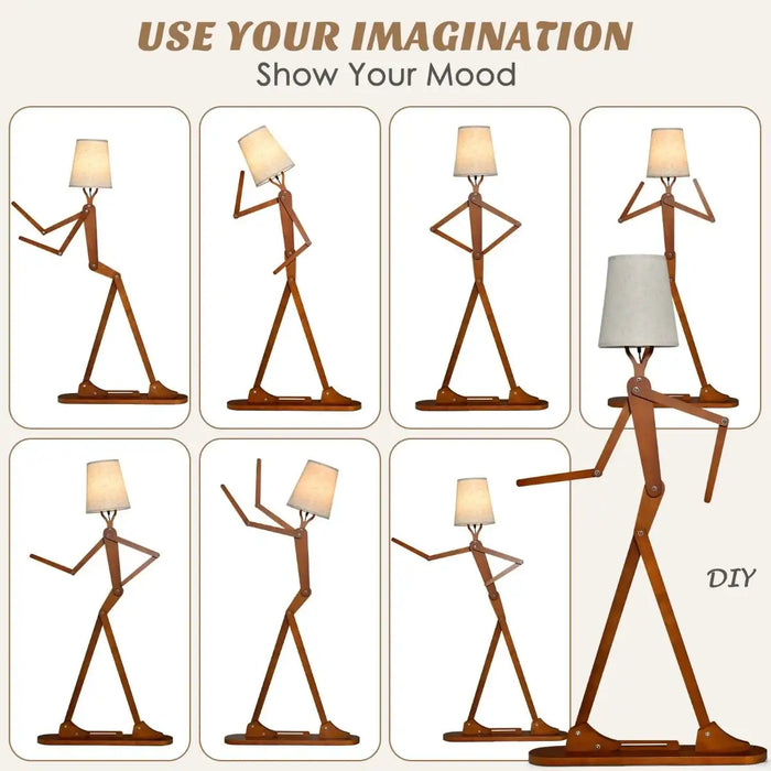 Adjustable wooden floor lamp in various human-like poses with beige fabric lampshade, DIY design