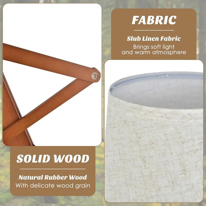 Close-up of natural rubber wood frame and slub linen fabric lampshade with detailed texture