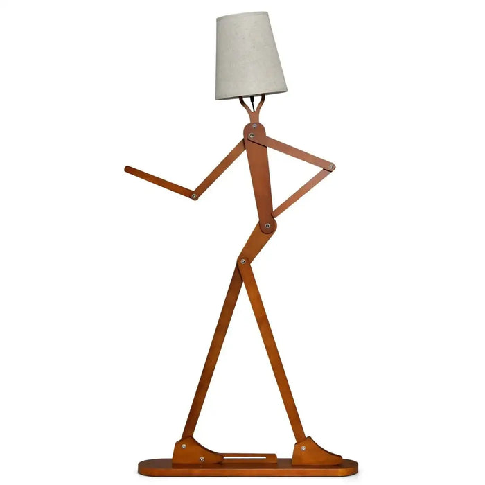 Wooden floor lamp designed like a walking human figure with beige lampshade as the head