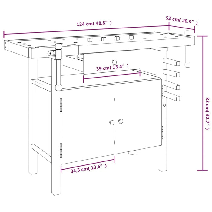 Workbench with Drawer and Vices in Solid Wood Acacia (124 x 52 x 83cm) - Little and Giant Explorers vidaXL