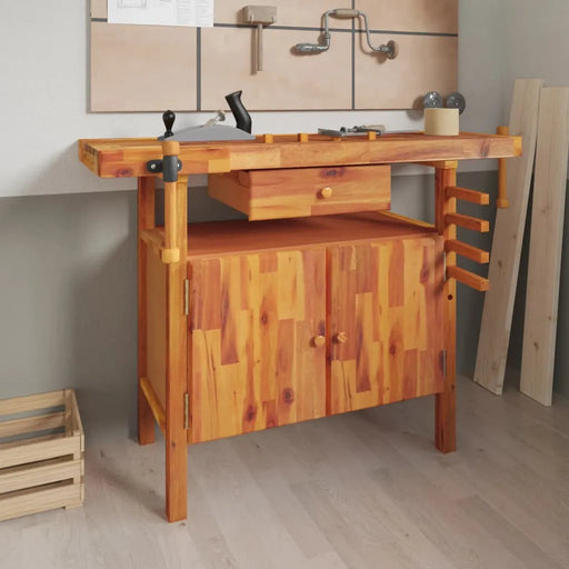 Workbench with Drawer and Vices in Solid Wood Acacia (124 x 52 x 83cm) - Little and Giant Explorers vidaXL