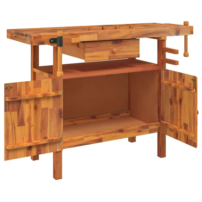 Workbench with Drawer and Vices in Solid Wood Acacia (124 x 52 x 83cm) - Little and Giant Explorers vidaXL