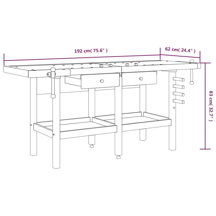 Workbench with Drawers and Vices in Solid Wood Acacia (192 x 62 x 83cm) - Little and Giant Explorers vidaXL