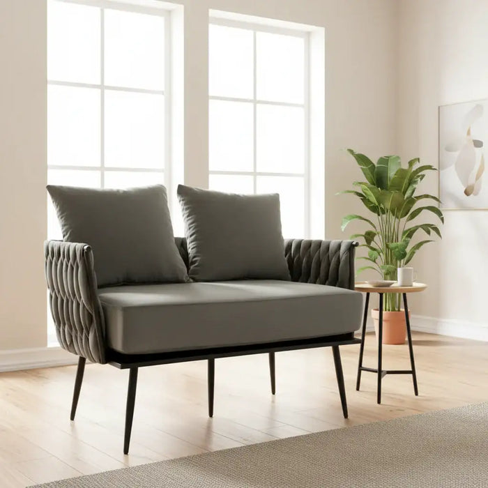 Woven Loveseat Sofa – Grey Dutch Velvet | Woven Back and Armrests - Metal Legs COSTWAY - Little and Giant Explorers