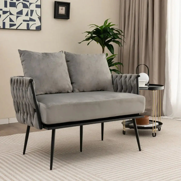 Woven Loveseat Sofa – Grey Dutch Velvet | Woven Back and Armrests - Metal Legs COSTWAY - Little and Giant Explorers