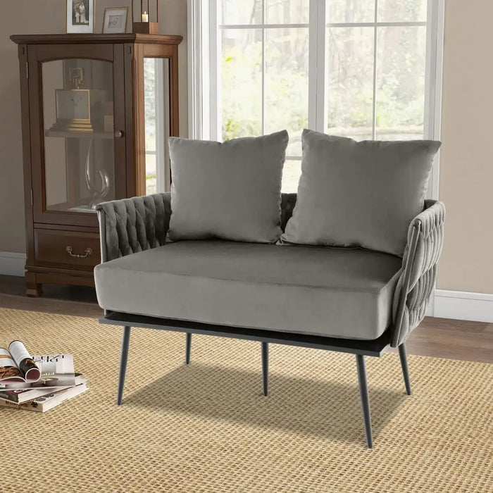 Woven Loveseat Sofa – Grey Dutch Velvet | Woven Back and Armrests - Metal Legs COSTWAY - Little and Giant Explorers