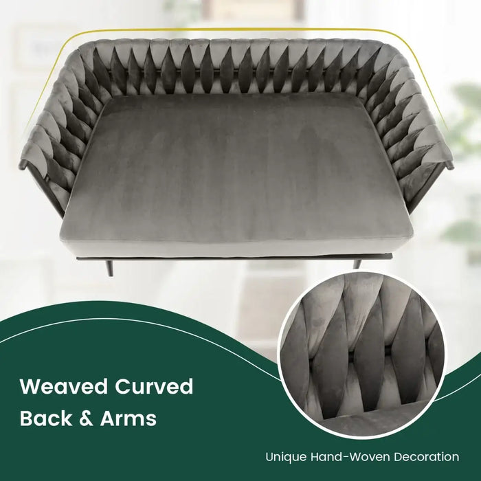 Woven Loveseat Sofa – Grey Dutch Velvet | Woven Back and Armrests - Metal Legs COSTWAY - Little and Giant Explorers