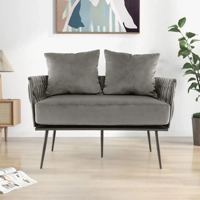 Woven Loveseat Sofa – Grey Dutch Velvet | Woven Back and Armrests - Metal Legs COSTWAY - Little and Giant Explorers