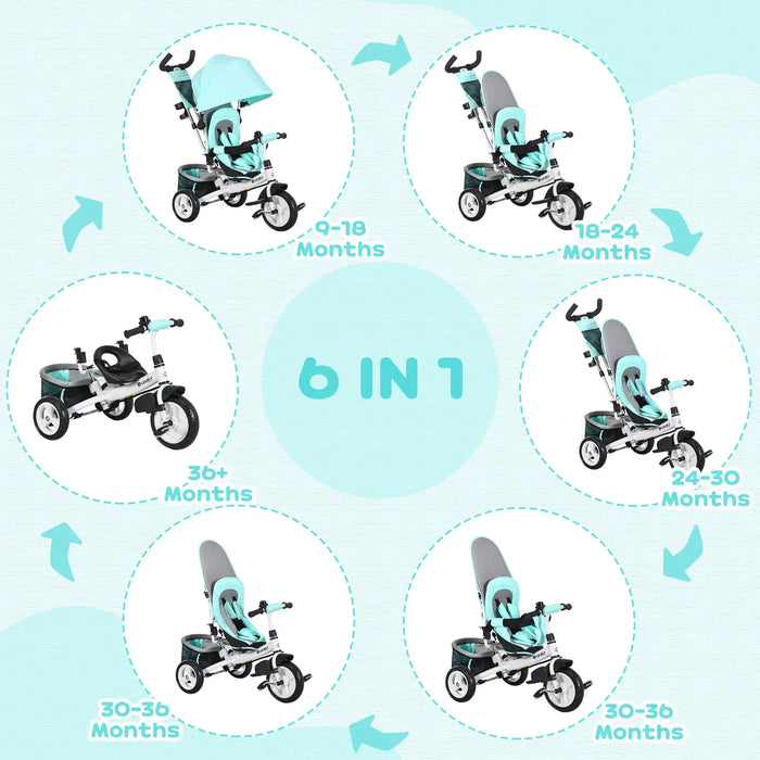 6-in-1 children's tricycle with age recommendations on a light blue background
