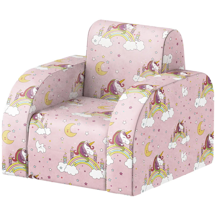 Pink children's armchair with unicorn, rainbow, moon, and star pattern