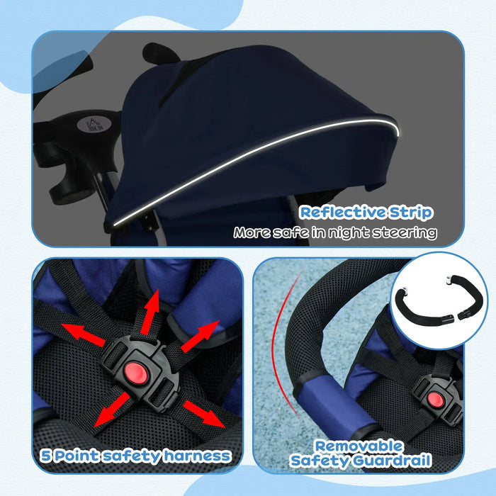 Baby stroller with reflective strip, 5-point safety harness, and removable safety guardrail on a blue background.