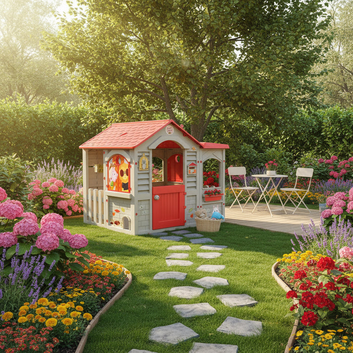XL grand cottage playhouse with red roof in colorful garden with flowers and outdoor furniture
