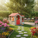 XL grand cottage playhouse with red roof in colorful garden with flowers and outdoor furniture