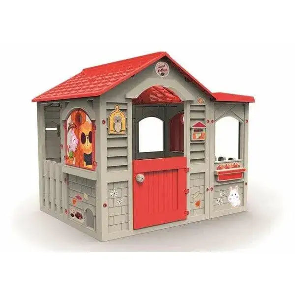 Extra large outdoor kids playhouse with red roof, gray walls, and play windows