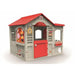 Extra large outdoor kids playhouse with red roof, gray walls, and play windows
