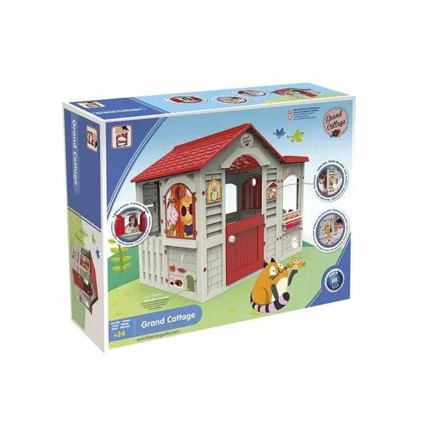 Grand Cottage playhouse toy set box with colorful red roof and children playing illustrated